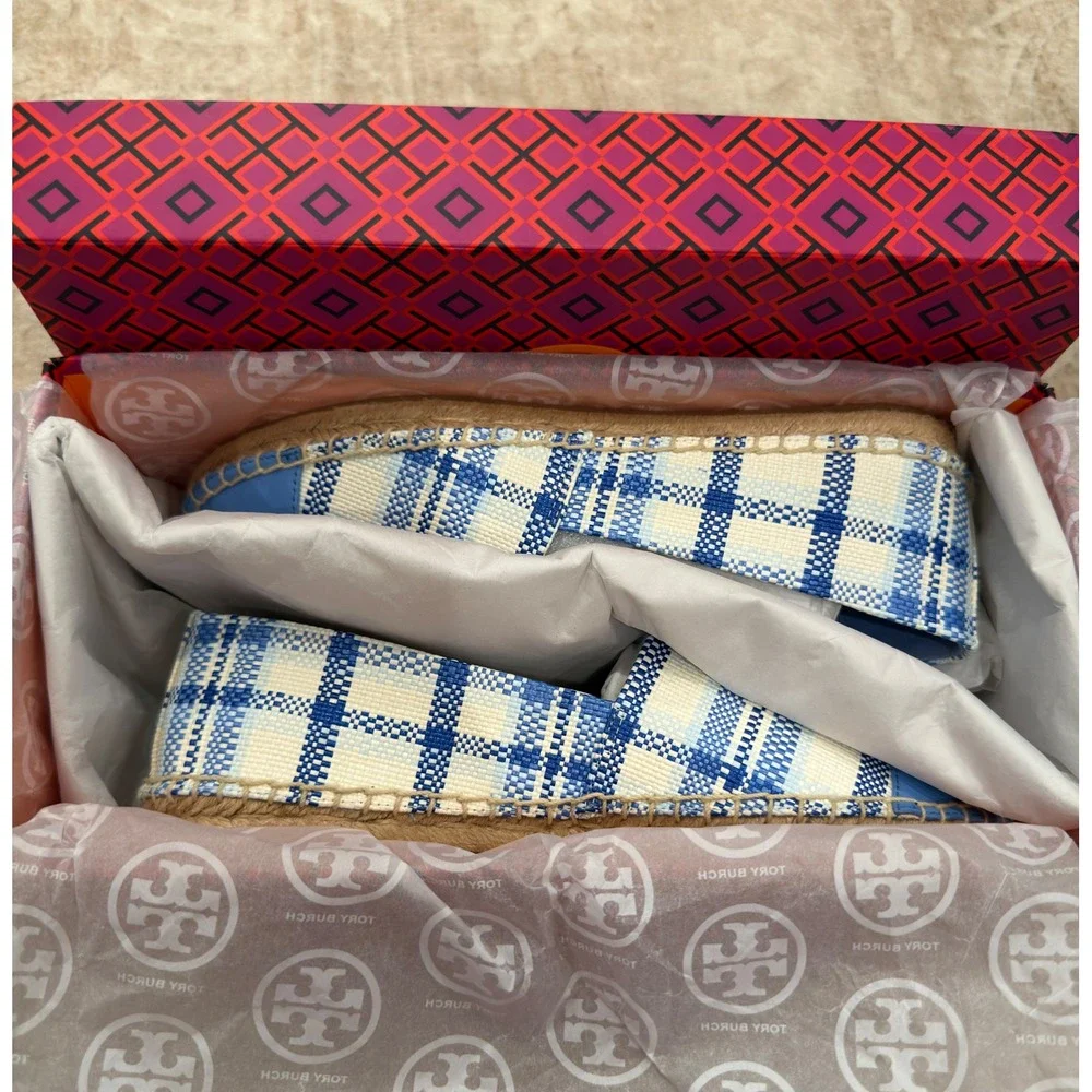 NWT Tory Burch Color Block Flat Espadrille Blue Check Plaid Chambray 7.5